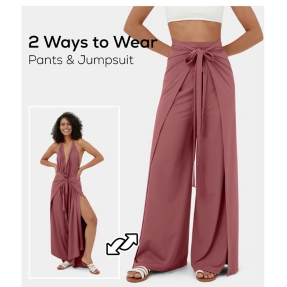 Halara Pink High Waisted Lace Up Split Hem Palazzo Wide Leg Flowy Pants S NWT